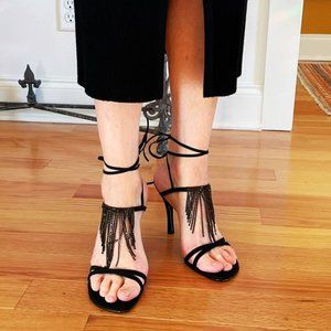 Stuart Weitzman Streamlines Womens Strappy Heels sz 8 Shoes w/Rhinestone Tassels